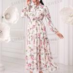 Cut out trim button long floral print dresses