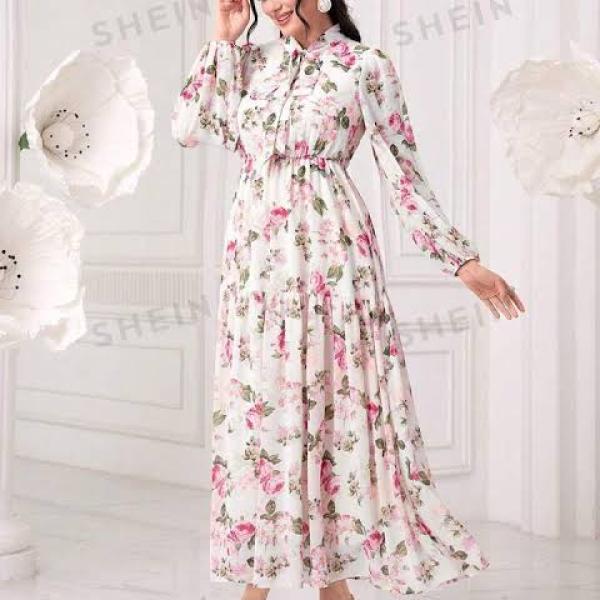 Cut out trim button long floral print dresses