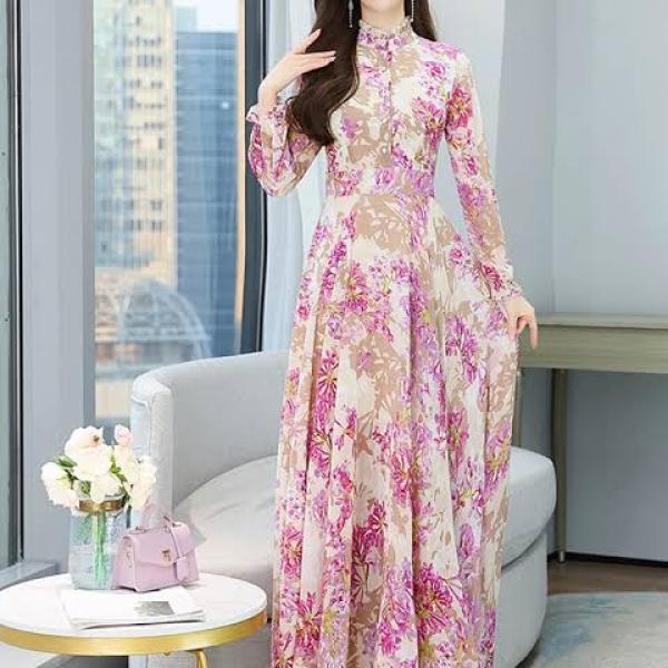 Cut out trim button long floral print dresses