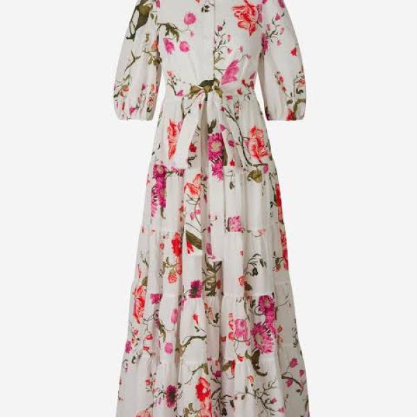 Cut out trim button long floral print dresses