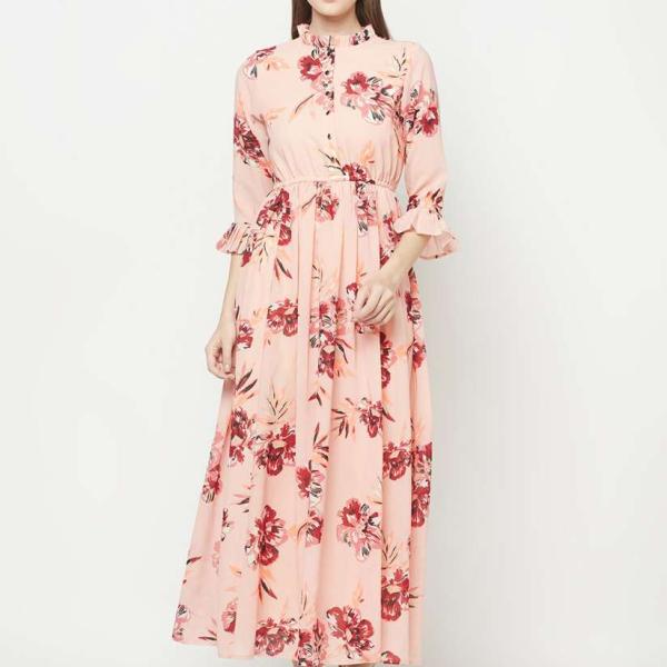 Cut out trim button long floral print dresses