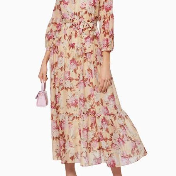 Cut out trim button long floral print dresses