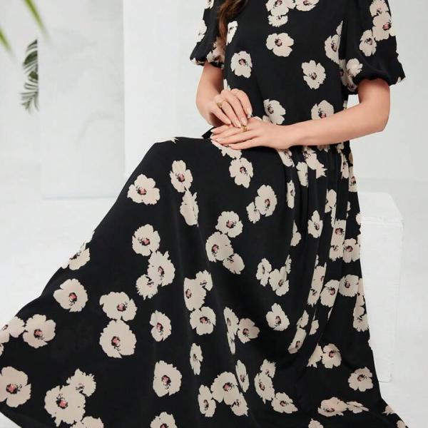 Cut out trim button long floral print dresses
